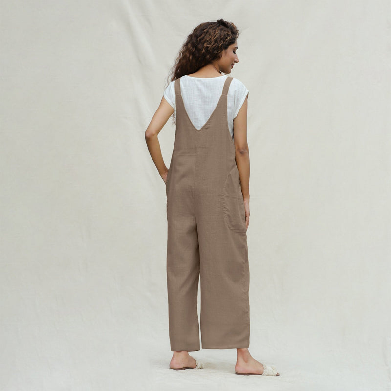 Beige Cotton Flax Ankle Length Dungaree Jumpsuit