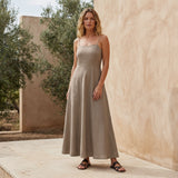 Beige Cotton Flax Ankle Length Flared Sundress