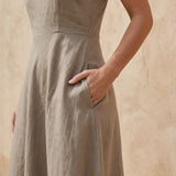 Beige Cotton Flax Ankle Length Flared Sundress