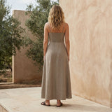 Beige Cotton Flax Ankle Length Flared Sundress