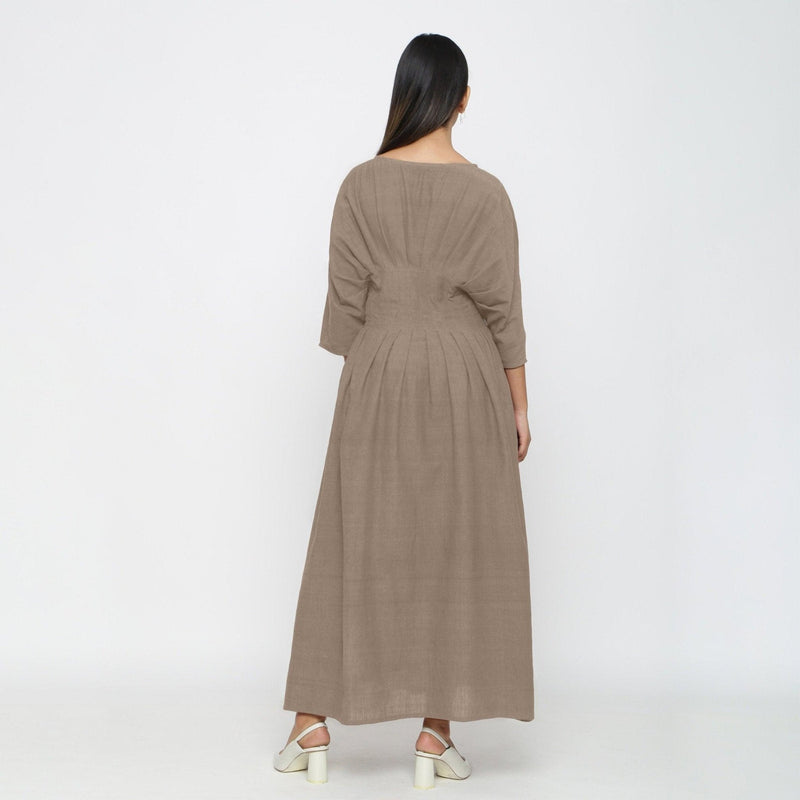 Beige Cotton Flax Ankle Length Pleated Flared Dress