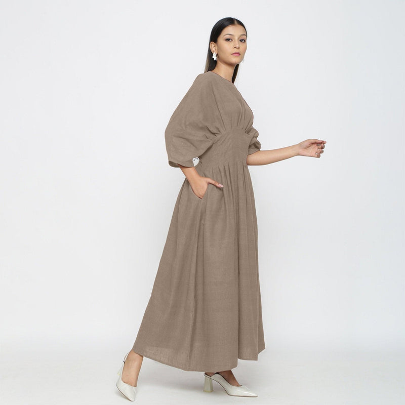 Beige Cotton Flax Ankle Length Pleated Flared Dress 32" / Custom Height (Free) Beige Cotton Flax Ankle Length Pleated Flared Dress 32" / Custom Height (Free)