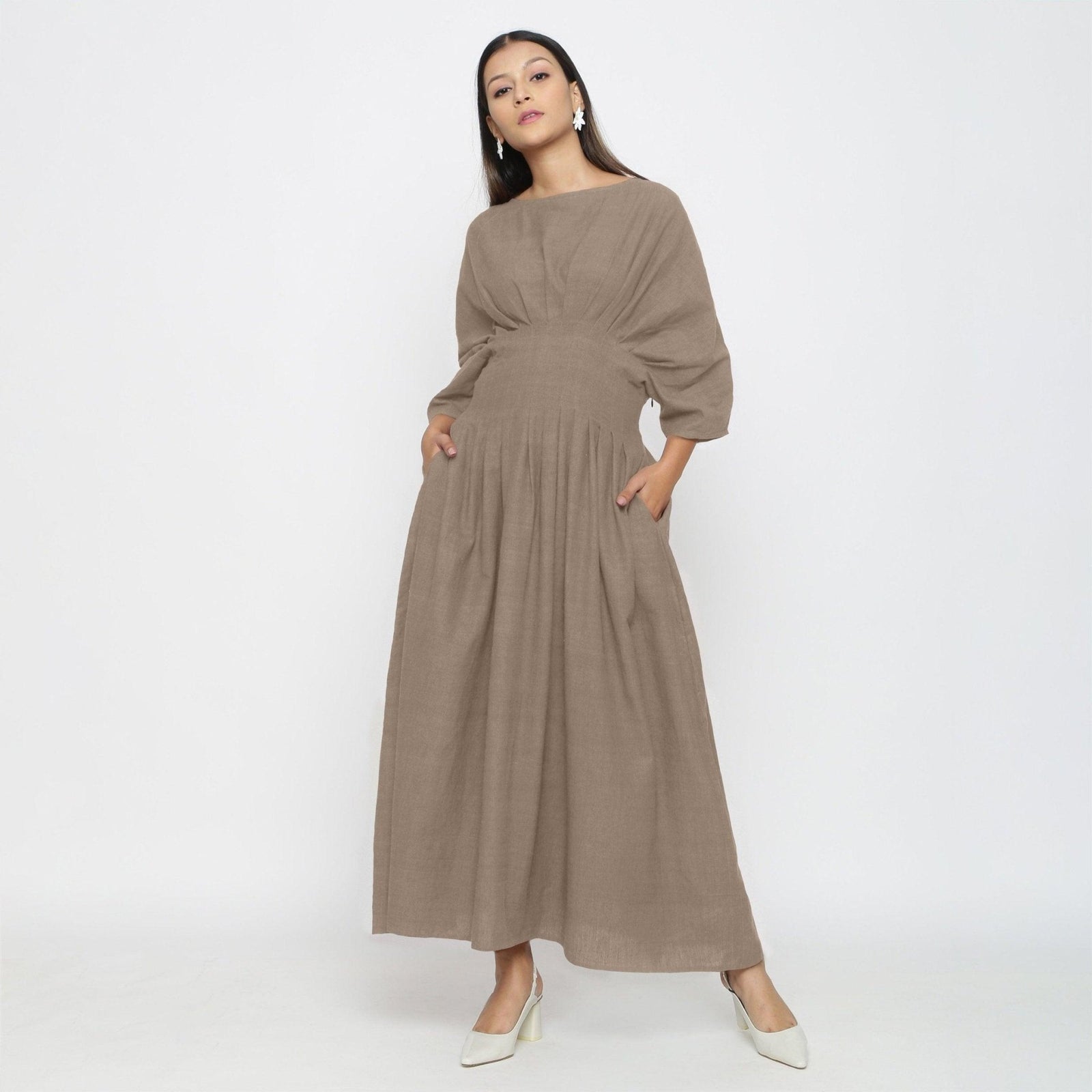 Beige Cotton Flax Ankle Length Pleated Flared Dress 32