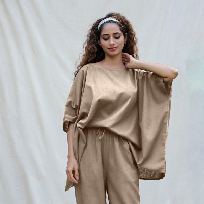 Beige Cotton Flax Boat Neck Short Kaftan Top