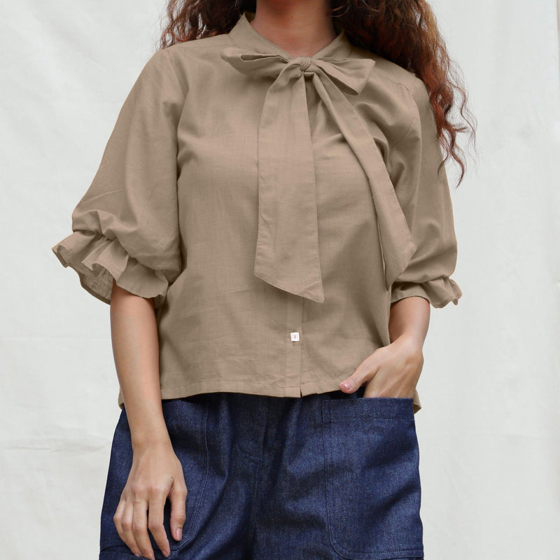 Beige Cotton Flax Button-Down Shirt