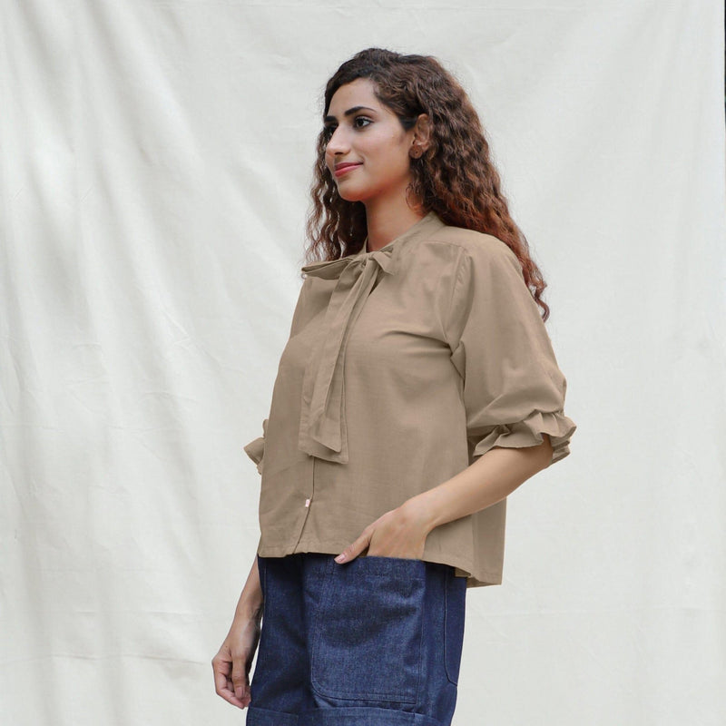 Beige Cotton Flax Button-Down Shirt