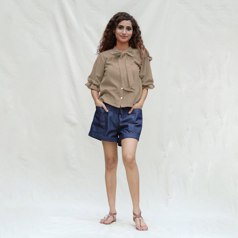 Beige Cotton Flax Button-Down Shirt