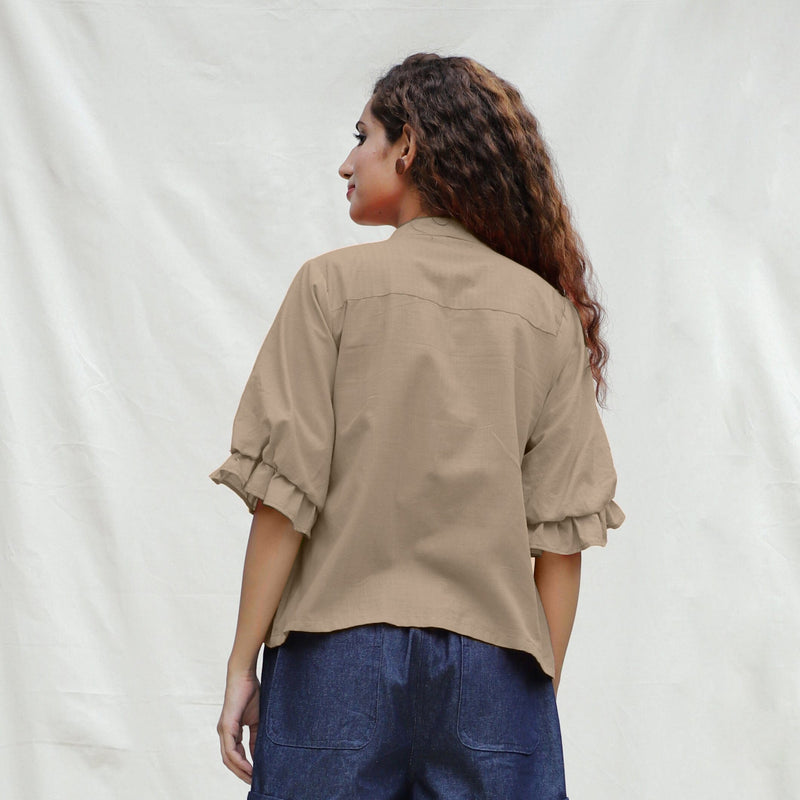Beige Cotton Flax Button-Down Shirt