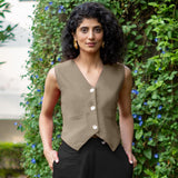 Beige Cotton Flax Button-Down V-Neck Vest