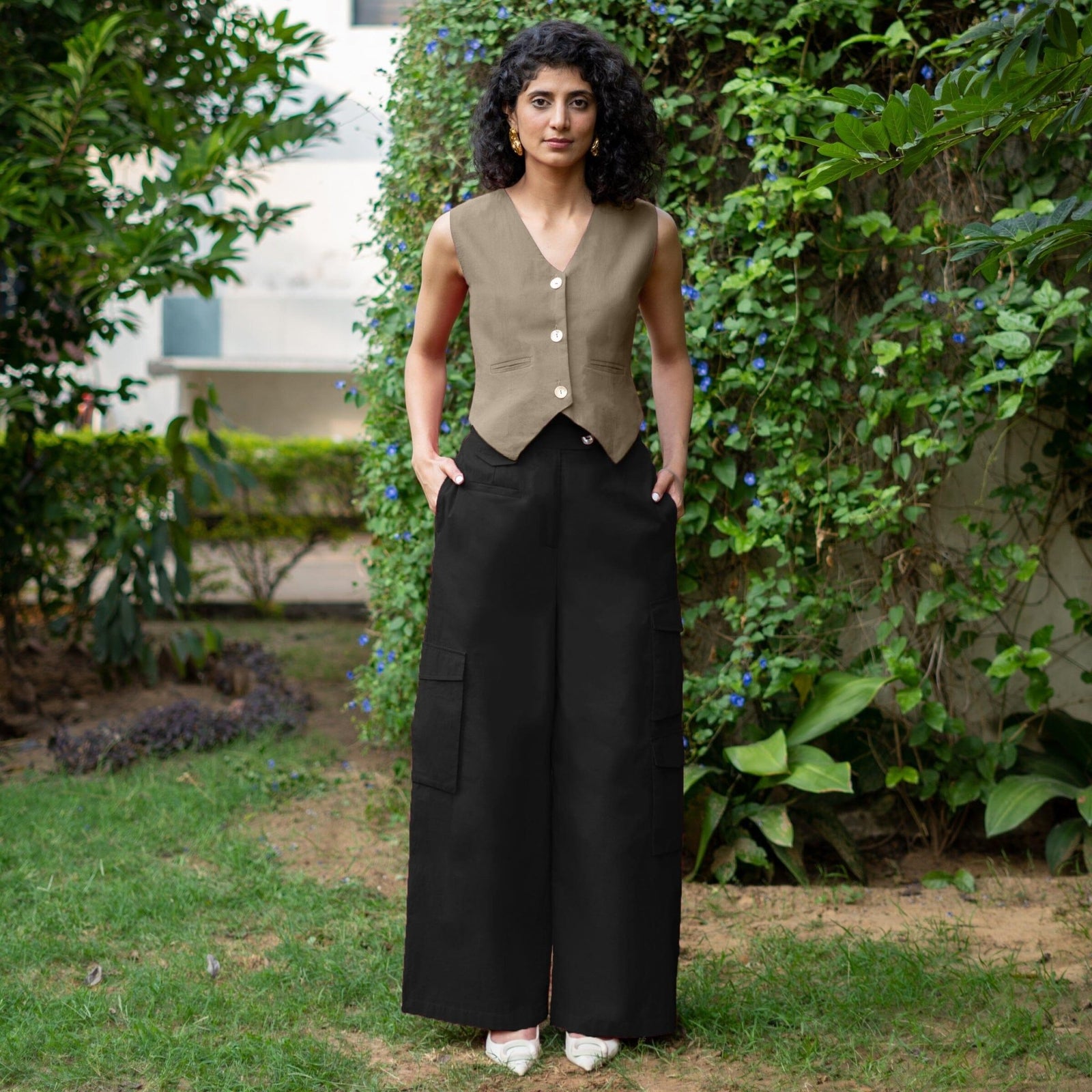 Buy Beige Cotton Flax Button-Down V-Neck Vest Online at SeamsFriendly
