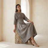 Beige Cotton Flax Cinched Waist Flared Maxi Dress