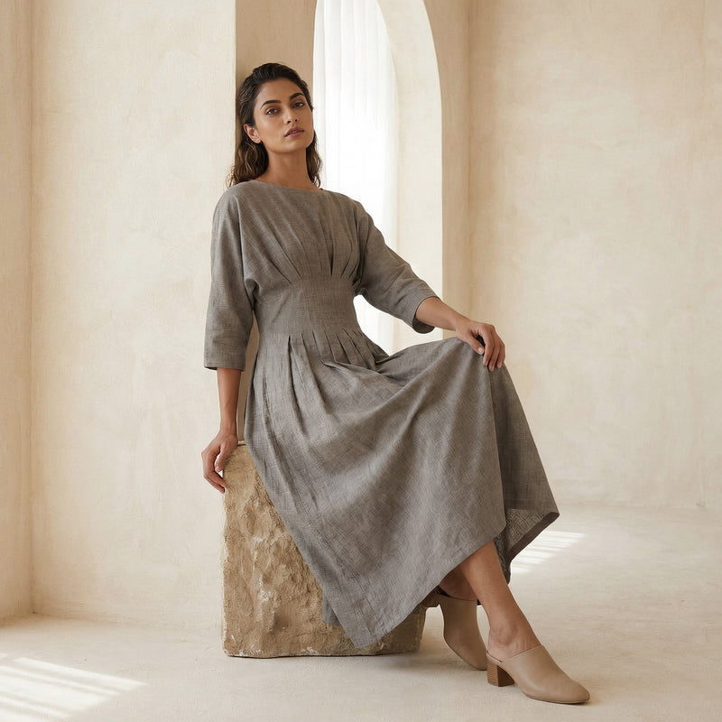 beige flared dress Cotton Flax Cinched Waist Maxi Custom Size (Free) / Regular (5'2