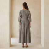 Beige Cotton Flax Cinched Waist Flared Maxi Dress