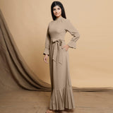 Beige Cotton Flax Crew Neck Floor Length Tier Dress