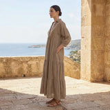 Beige Cotton Flax Deep-V Maxi Tier Dress