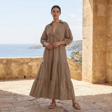 Beige Cotton Flax Deep-V Maxi Tier Dress