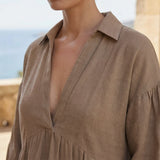 Beige Cotton Flax Deep-V Maxi Tier Dress