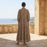 Beige Cotton Flax Deep-V Maxi Tier Dress