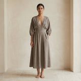 Beige Cotton Flax Deep-V Neck Empire Waist Maxi Dress