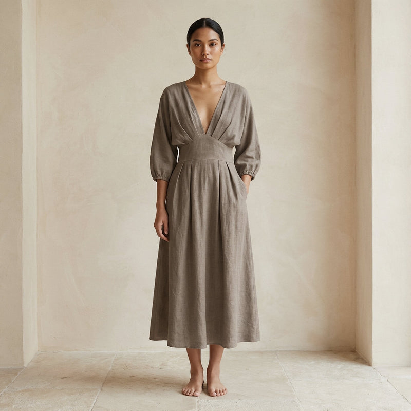 Buy Beige Cotton Flax Deep-V Neck Empire Waist Maxi Dress Online at SeamsFriendly Buy Beige Cotton Flax Deep-V Neck Empire Waist Maxi Dress Online at SeamsFriendly