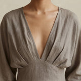 Beige Cotton Flax Deep-V Neck Empire Waist Maxi Dress