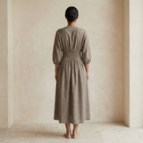 Beige Cotton Flax Deep-V Neck Empire Waist Maxi Dress