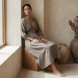 Beige Cotton Flax Deep-V Neck Empire Waist Maxi Dress
