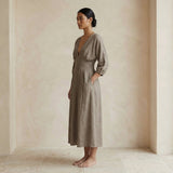 Beige Cotton Flax Deep-V Neck Empire Waist Maxi Dress