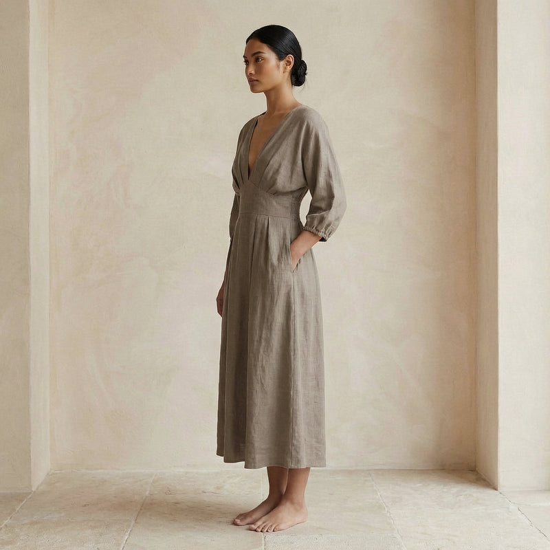 womens cotton empire waist dress Peach Cotton Flax Deep-V Neck Empire Waist Maxi Dress 68" / Petite (5'1" and below)