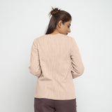 Back View of a Model wearing Beige Cotton Flax Button-Down Jacket