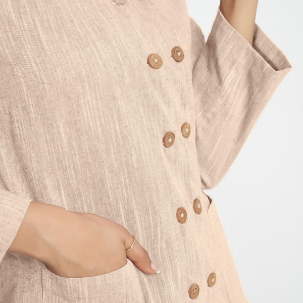 Front Detail of a Model wearing Beige Cotton Flax Button-Down Jacket