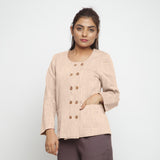 Front View of a Model wearing Beige Cotton Flax Button-Down Jacket