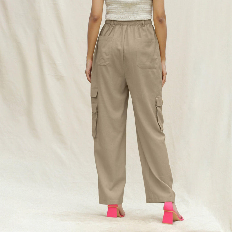 Beige Cotton Flax Elasticated High-Rise Cargo Pant