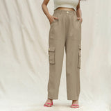 Beige Cotton Flax Elasticated High-Rise Cargo Pant