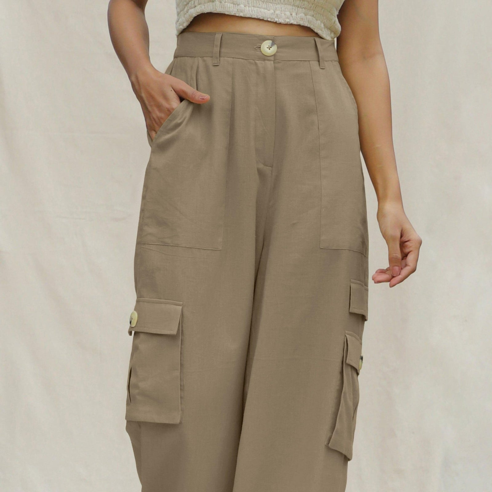 Buy Beige Cotton Flax Elasticated High-Rise Cargo Pant