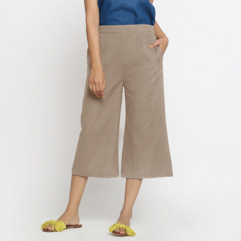 Front View of a Model wearing Comfort Fit Beige Cotton Flax Culottes