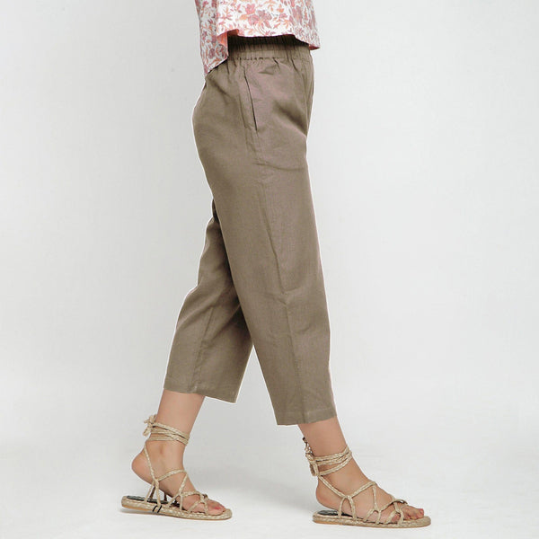 Beige Cotton Flax Elasticated Midi-Rise Culottes