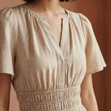 Beige Cotton Flax Elasticated Short Tier Dress