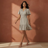 Beige Cotton Flax Elasticated Short Tier Dress