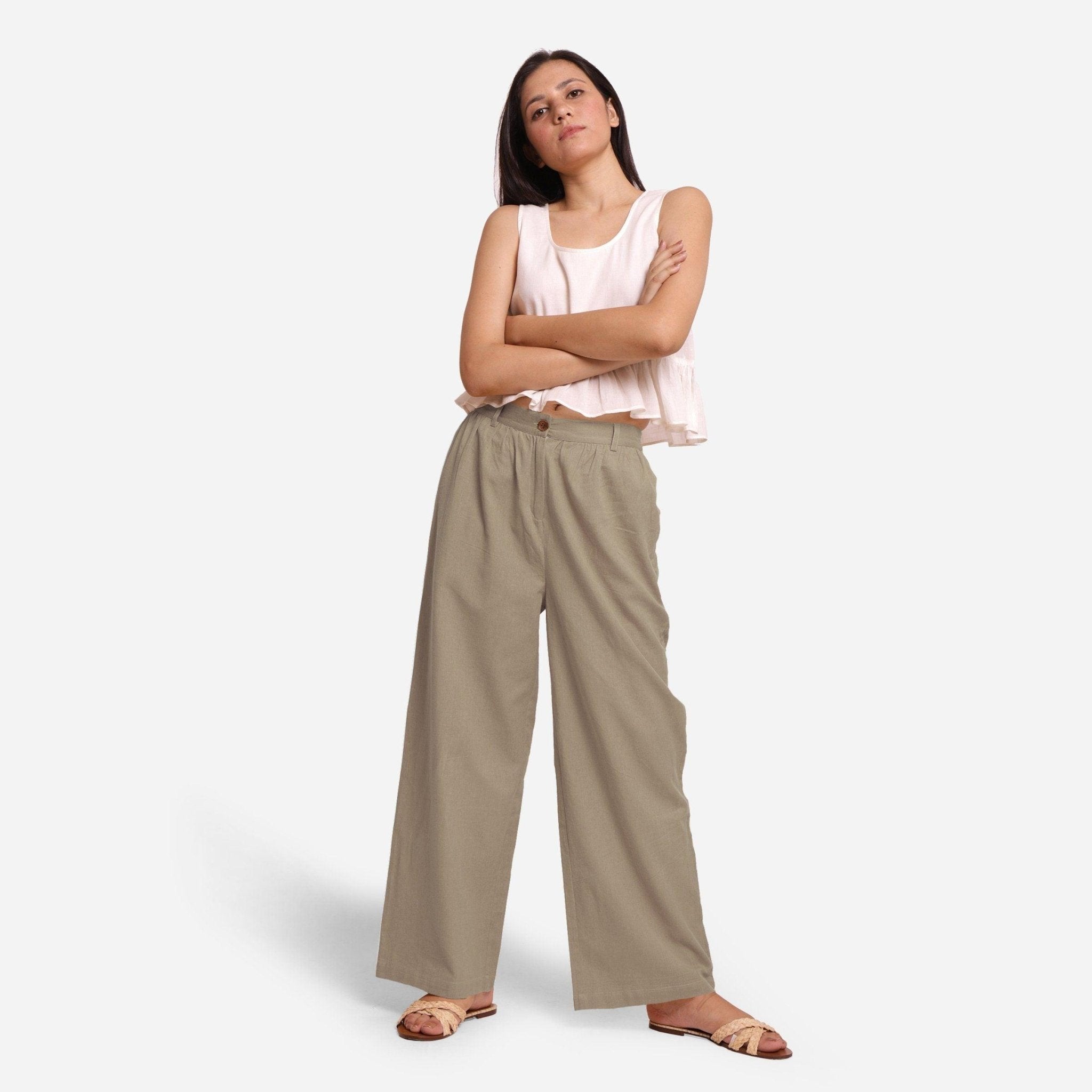 【MODERNIF】Full Moon One-tuck Cotton Semi-Wide Pants beige-cotton-flax-elasticated-