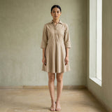 Beige Cotton Flax Fit and Flare Button-Down Short Shirt Dress