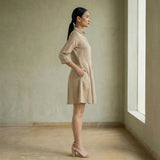 Beige Cotton Flax Fit and Flare Button-Down Short Shirt Dress