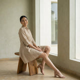 Beige Cotton Flax Fit and Flare Button-Down Short Shirt Dress