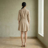 Beige Cotton Flax Fit and Flare Button-Down Short Shirt Dress