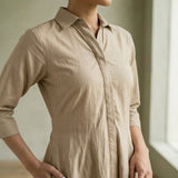 Beige Cotton Flax Fit and Flare Button-Down Short Shirt Dress
