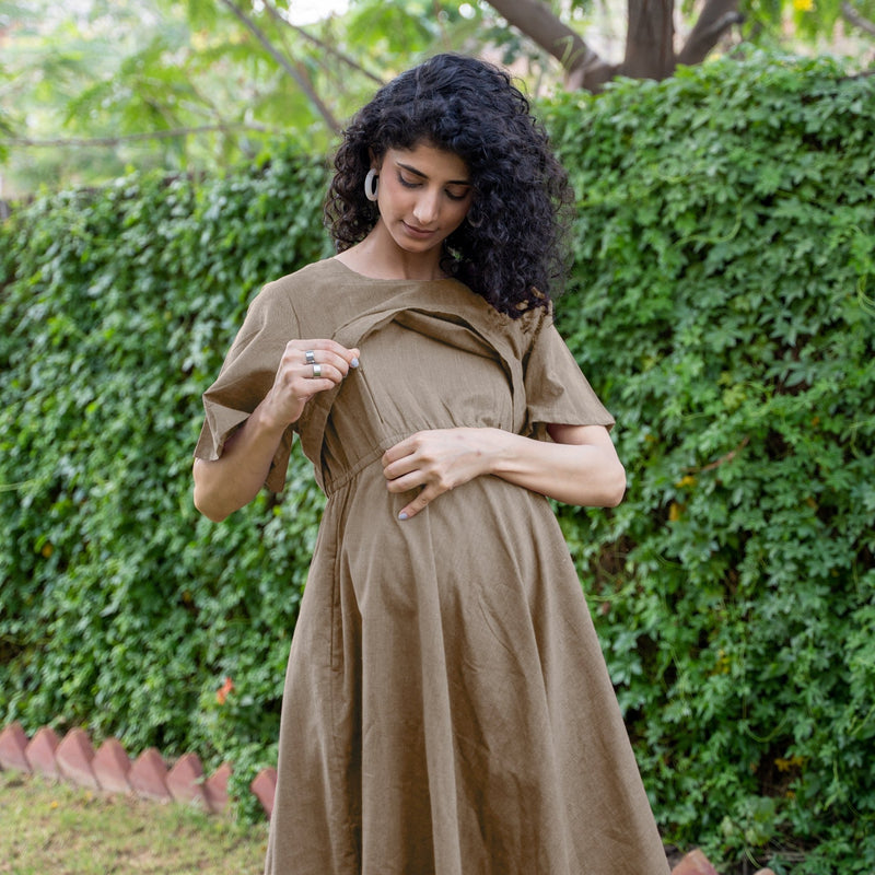 Beige Cotton Flax Fit and Flare Knee Length Pre and Post Maternity Dress 62" / Regular (5'2" - 5'6") Beige Cotton Flax Fit and Flare Knee Length Pre and Post Maternity Dress 62" / Regular (5'2" - 5'6")