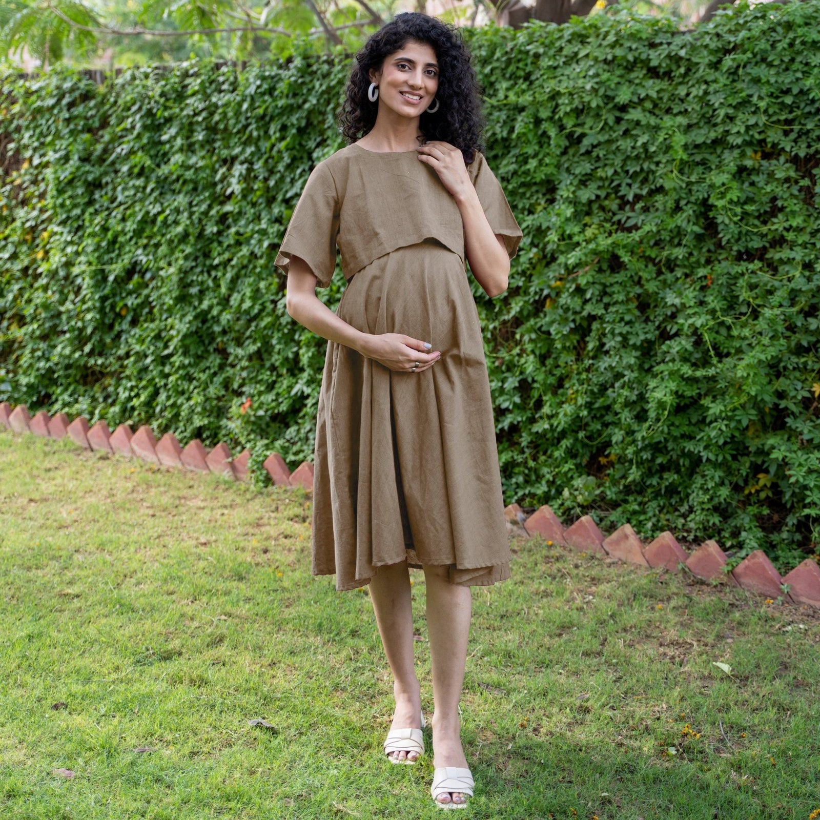 Beige Cotton Flax Fit and Flare Knee Length Pre and Post Maternity Dress 62