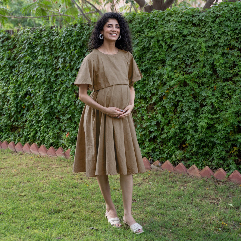 Beige Cotton Flax Fit and Flare Knee Length Pre and Post Maternity Dress 62" / Regular (5'2" - 5'6") Beige Cotton Flax Fit and Flare Knee Length Pre and Post Maternity Dress 62" / Regular (5'2" - 5'6")