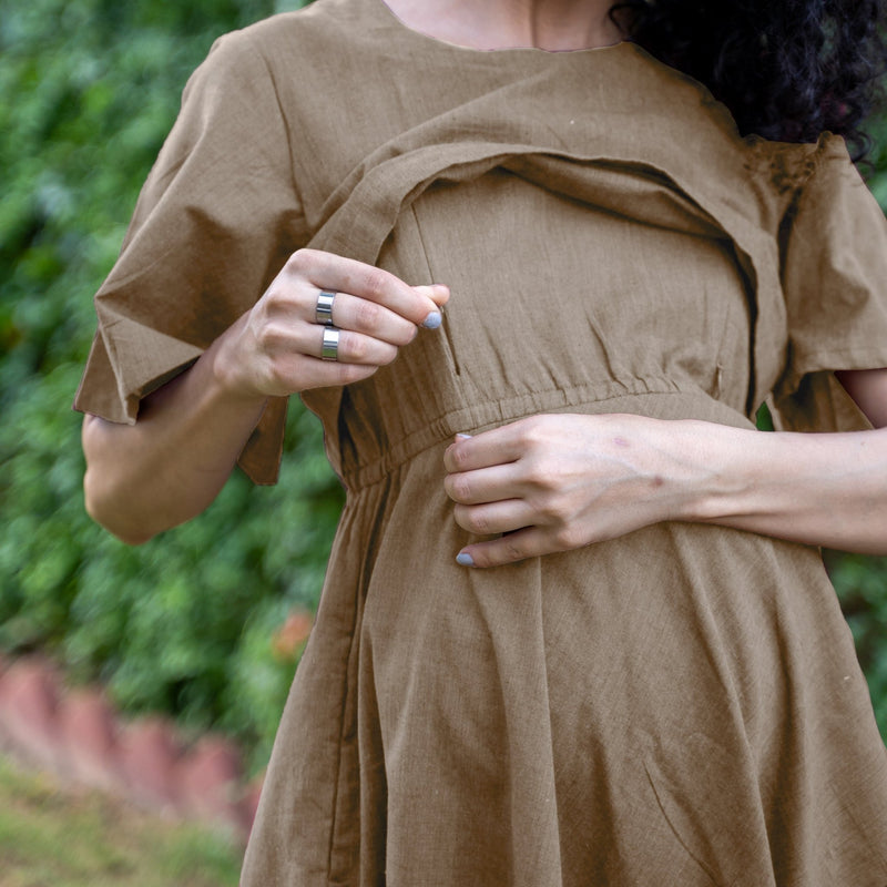 Beige Cotton Flax Fit and Flare Knee Length Pre and Post Maternity Dress 62" / Regular (5'2" - 5'6") Beige Cotton Flax Fit and Flare Knee Length Pre and Post Maternity Dress 62" / Regular (5'2" - 5'6")