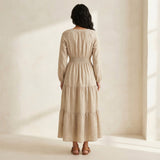 Beige Cotton Flax Fit and Flare Maxi Tier Dress